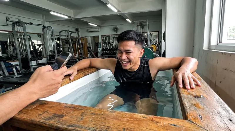 Atlet tertawa saat berendam recovery di bak dingin gym