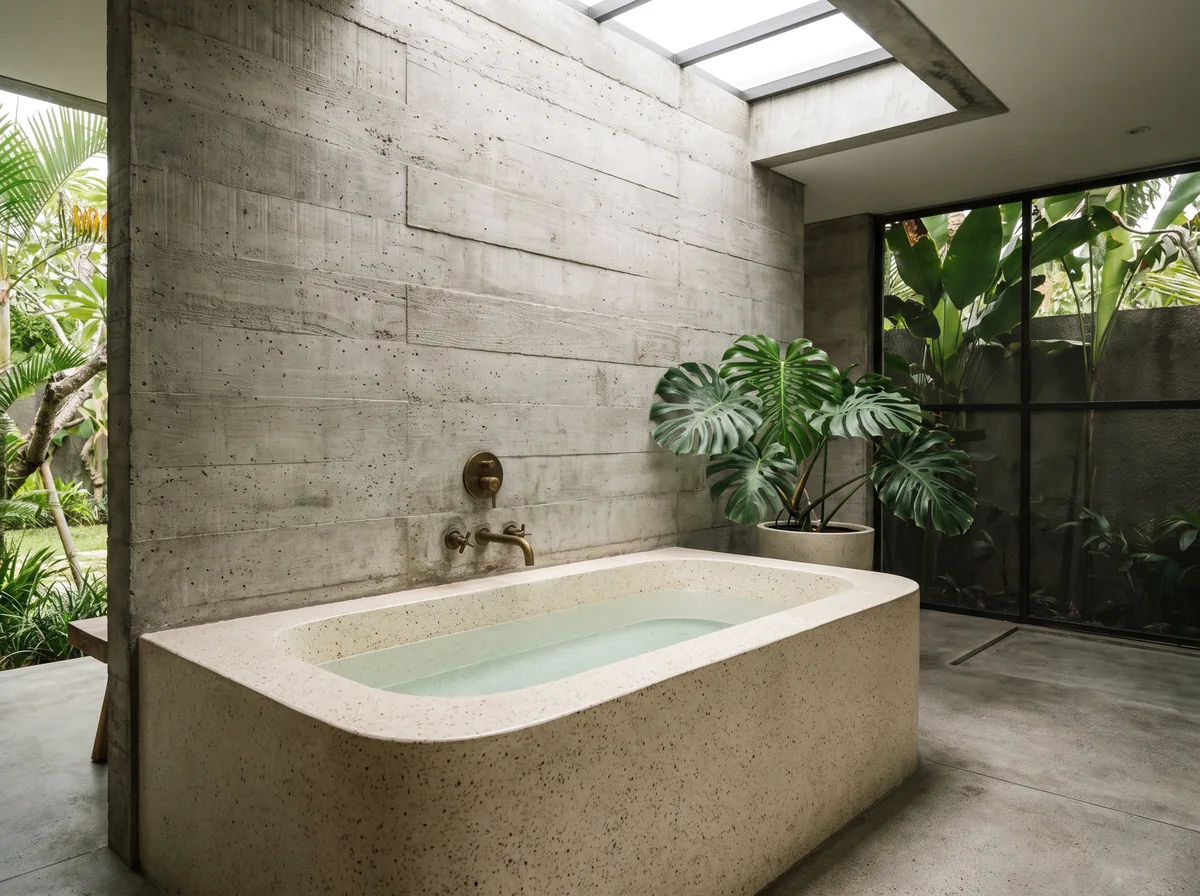 Bak cold plunge terrazzo built-in di kamar mandi semi-outdoor Surabaya