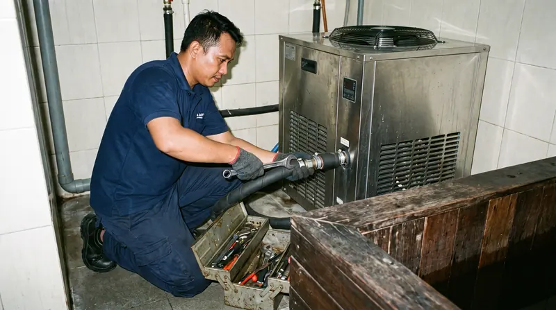 Chiller & pendingin air di Surabaya — pemilik menikmati sesi pertama