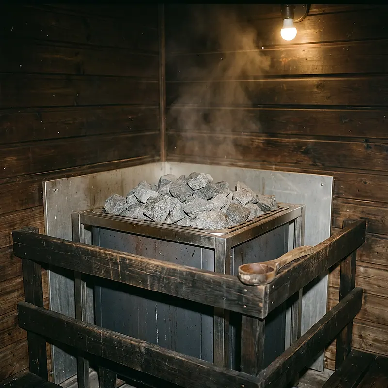 Heater 12 kW dengan volume batu vulkanik besar — suhu stabil di jam ramai