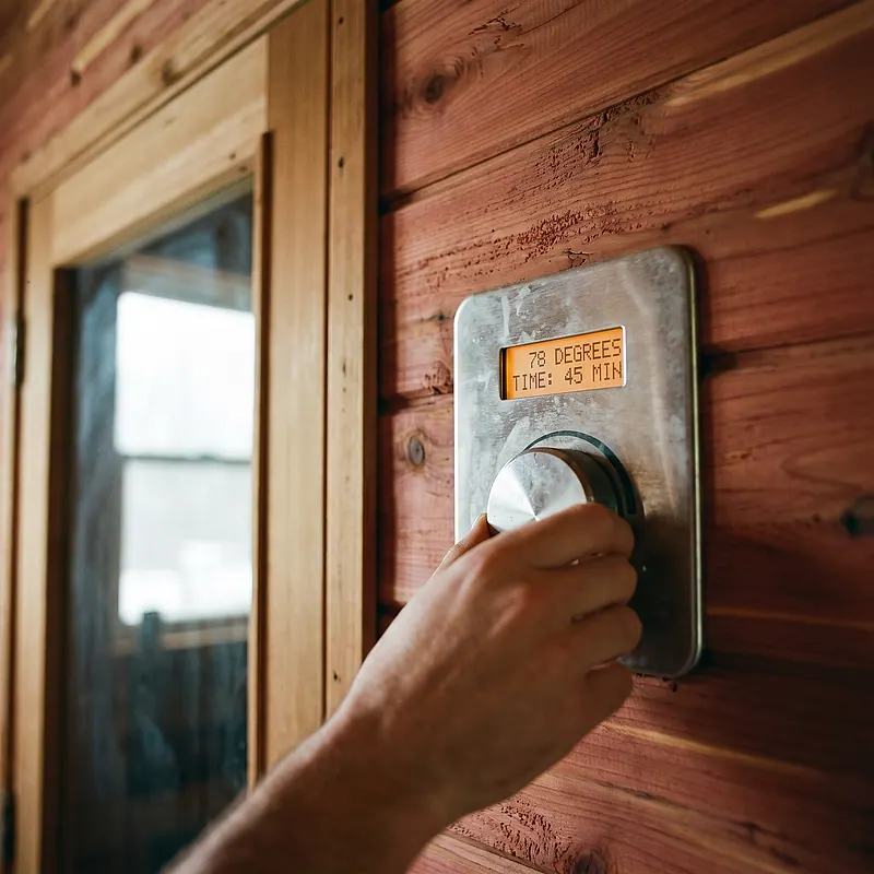 Kontrol digital dipasang di luar kabin: suhu dan timer diatur sebelum pintu dibuka
