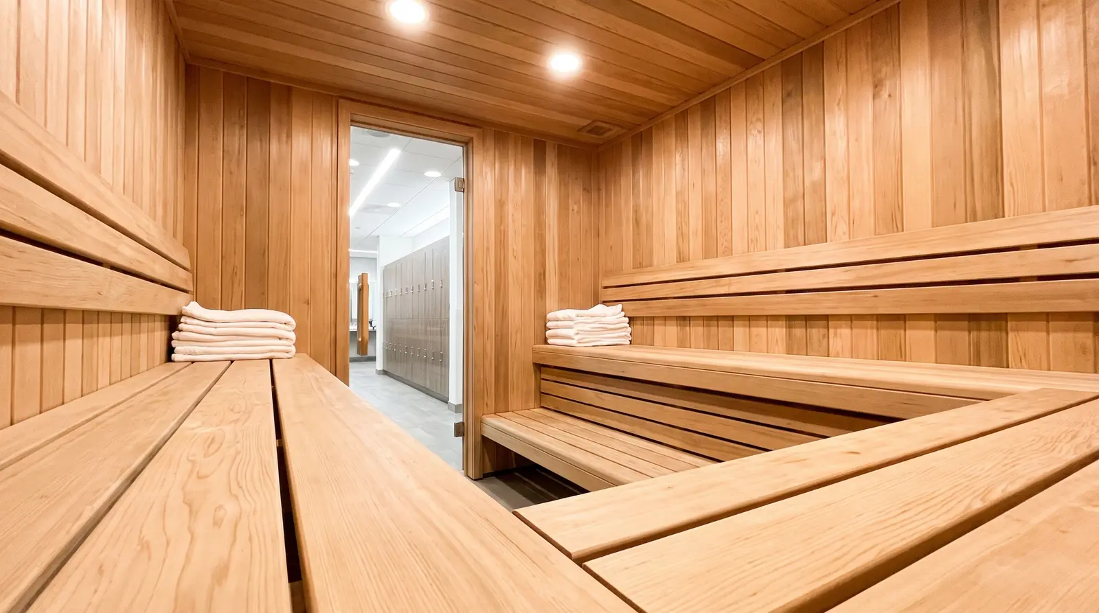 Interior sauna cedar terang dengan bangku dua tingkat untuk gym