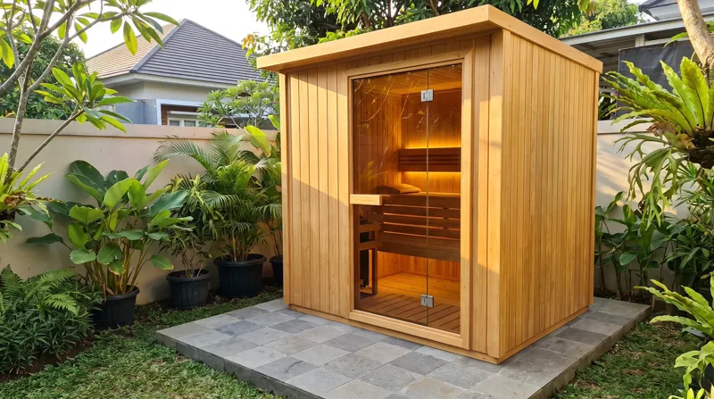 Kabin sauna outdoor thermowood baru di taman rumah Surabaya