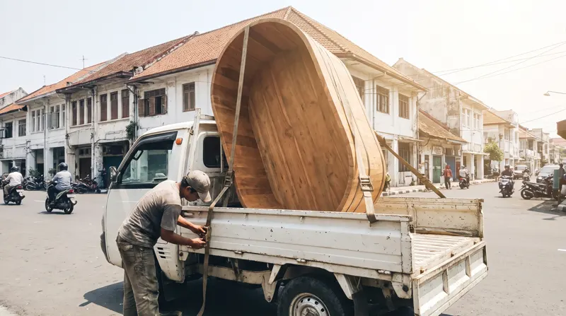 Bak jati diikat di bak truk pengiriman di Surabaya