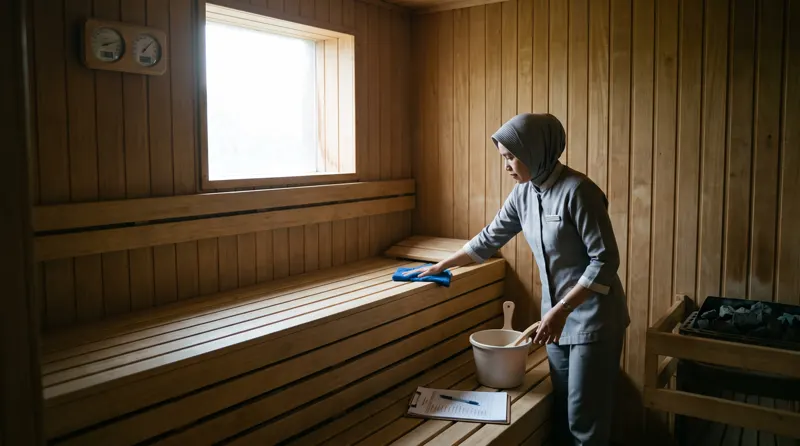 Petugas spa membersihkan bangku thermowood sauna komersial di Surabaya dengan termometer dan checklist harian