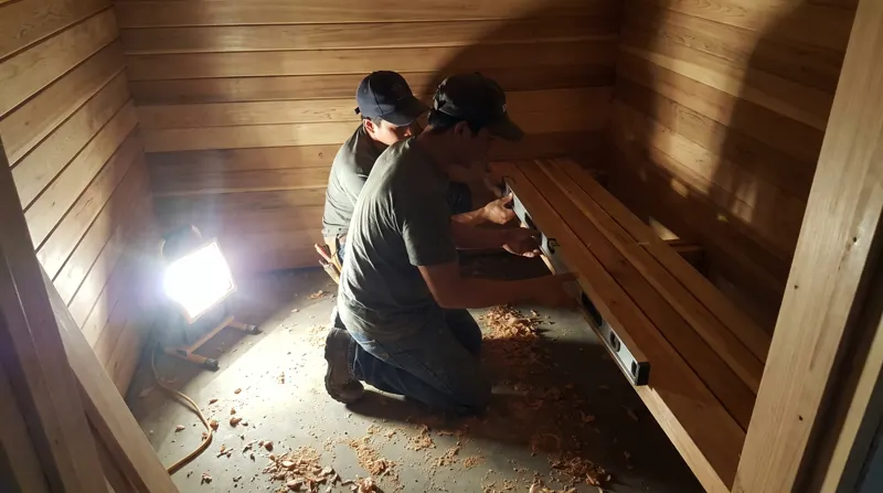 Dua tukang memasang papan bangku cedar di ruang sauna