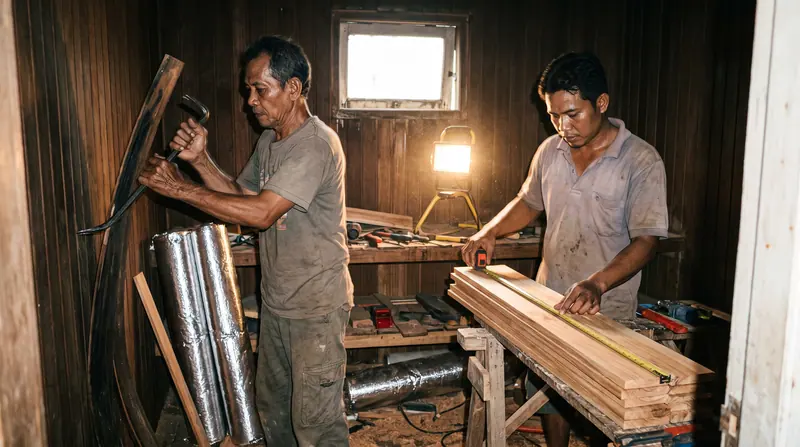 Tukang memasang panel kayu dan insulasi sauna secara bertahap di rumah Surabaya