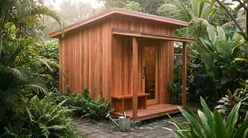 Kabin sauna yang sama setelah renovasi dengan dinding red cedar baru