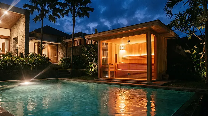 Dinding kaca panorama menyala di malam hari — terlihat dari taman villa