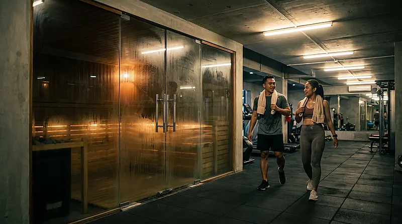 Pintu kaca dari koridor gym — anggota masuk langsung dari area latihan