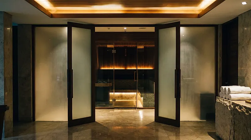 Pintu kaca ganda dari lobi spa hotel — arus tamu lancar di jam sibuk