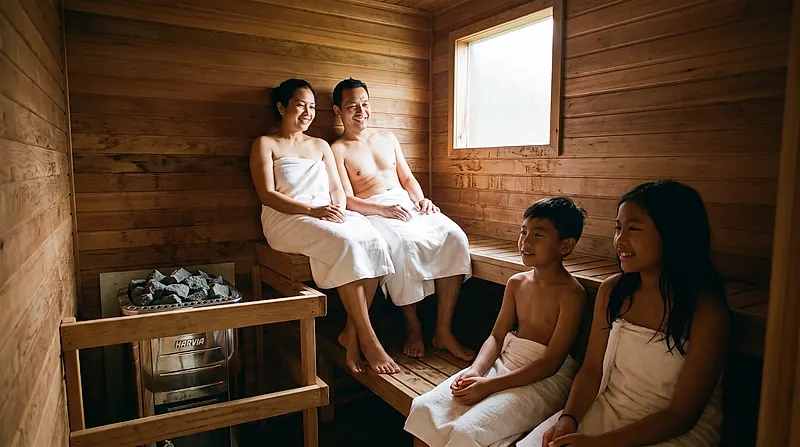 Sauna 4 orang — Indoor keluarga — red cedar, dua tingkat bangku