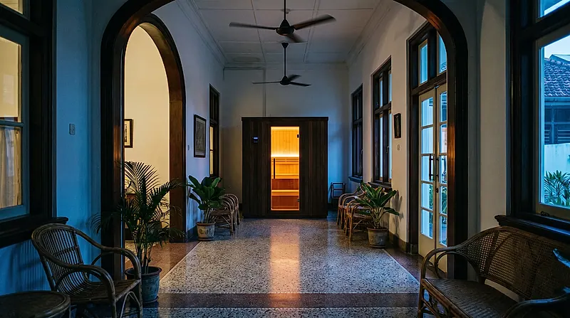 Dilihat dari koridor rumah besar Darmo — kabin thermowood menyala hangat