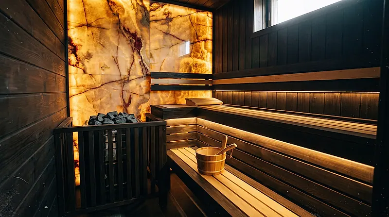 Sauna 6 orang — Indoor villa mewah — thermowood gelap + onyx