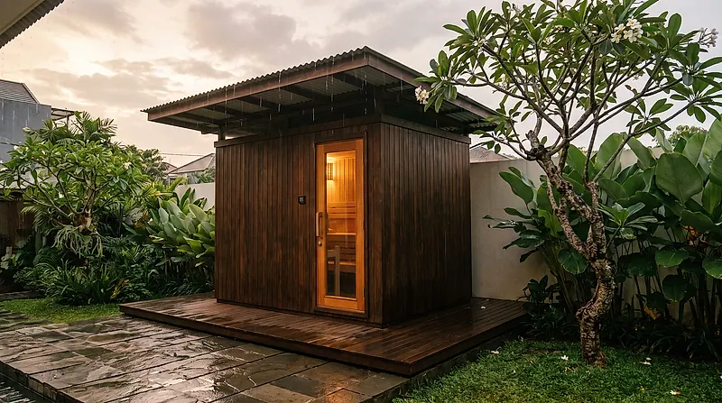 Kabin taman berdiri sendiri di halaman rumah — atap overhang melindungi dari hujan