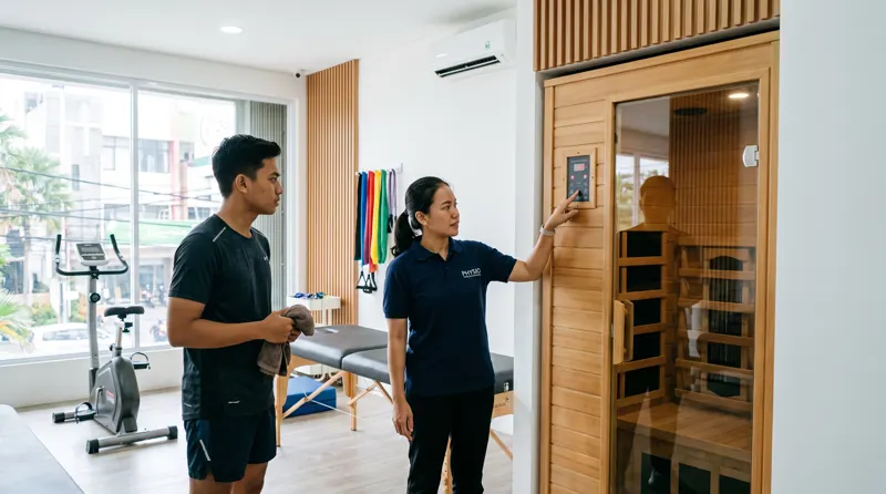 Fisioterapis menjelaskan panel kontrol kabin sauna infrared kepada pasien muda di klinik fisioterapi Surabaya