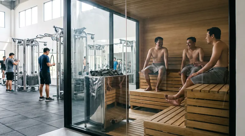Sauna kaca dengan dua dinding tempered di dalam gym Surabaya, tiga anggota gym duduk di bangku thermowood