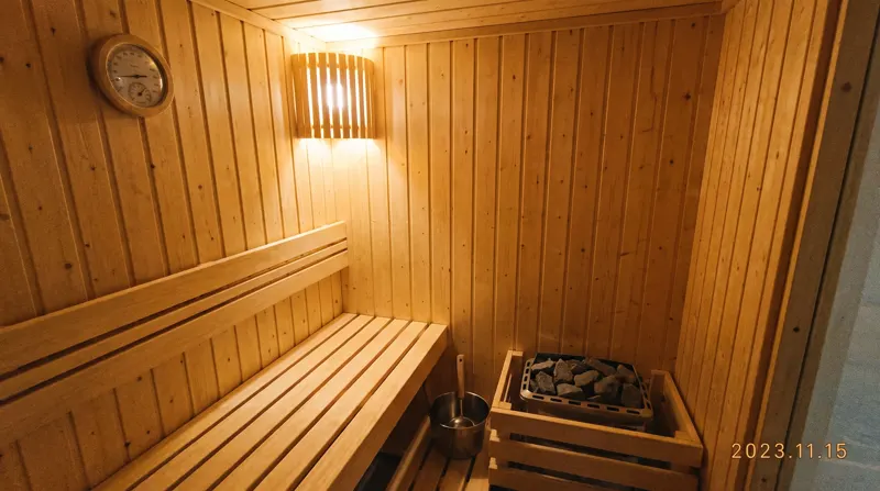 Sauna kompak dua orang dari kayu pinus terang