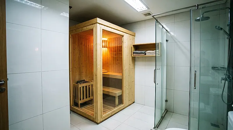 Menempati sudut yang tadinya mati di unit apartemen — dinding kaca membuatnya tetap ringan