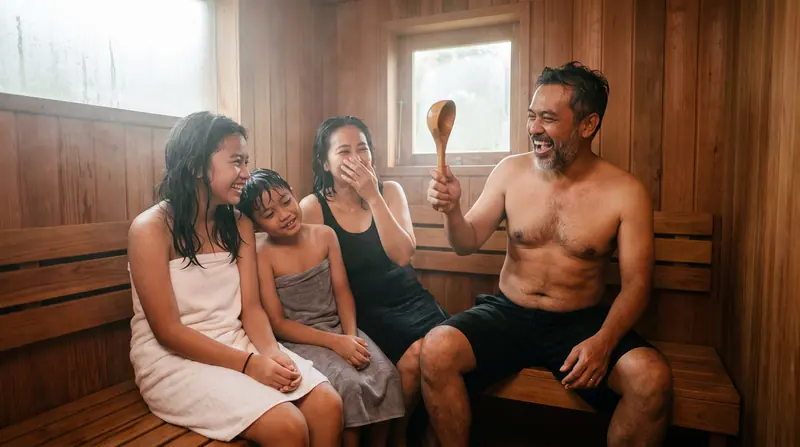 Keluarga Surabaya di sauna red cedar rumahnya
