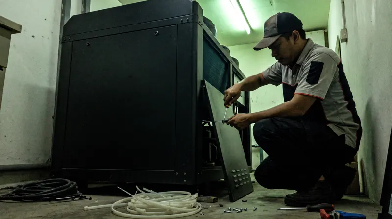 Teknisi membuka panel samping unit chiller hitam